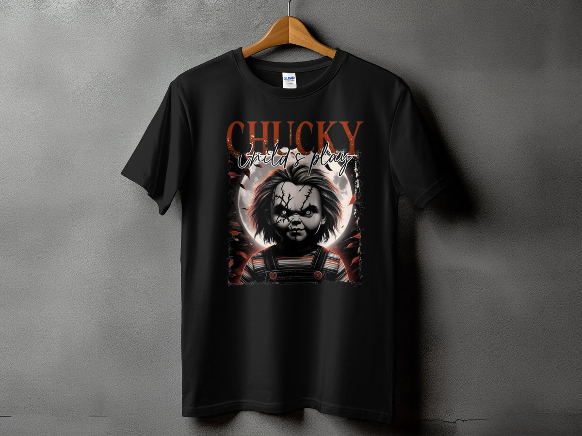 Black t-shirt with Chucky "Child's Play" graphic featuring a doll's face and a full moon.