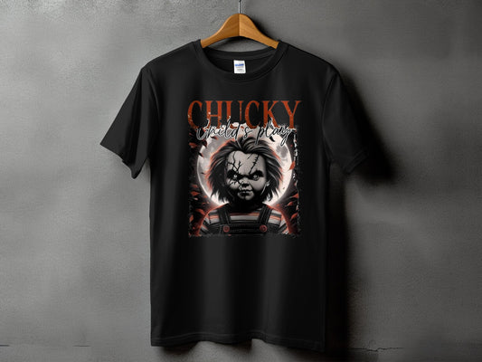 Black t-shirt with Chucky "Child's Play" graphic featuring a doll's face and a full moon.