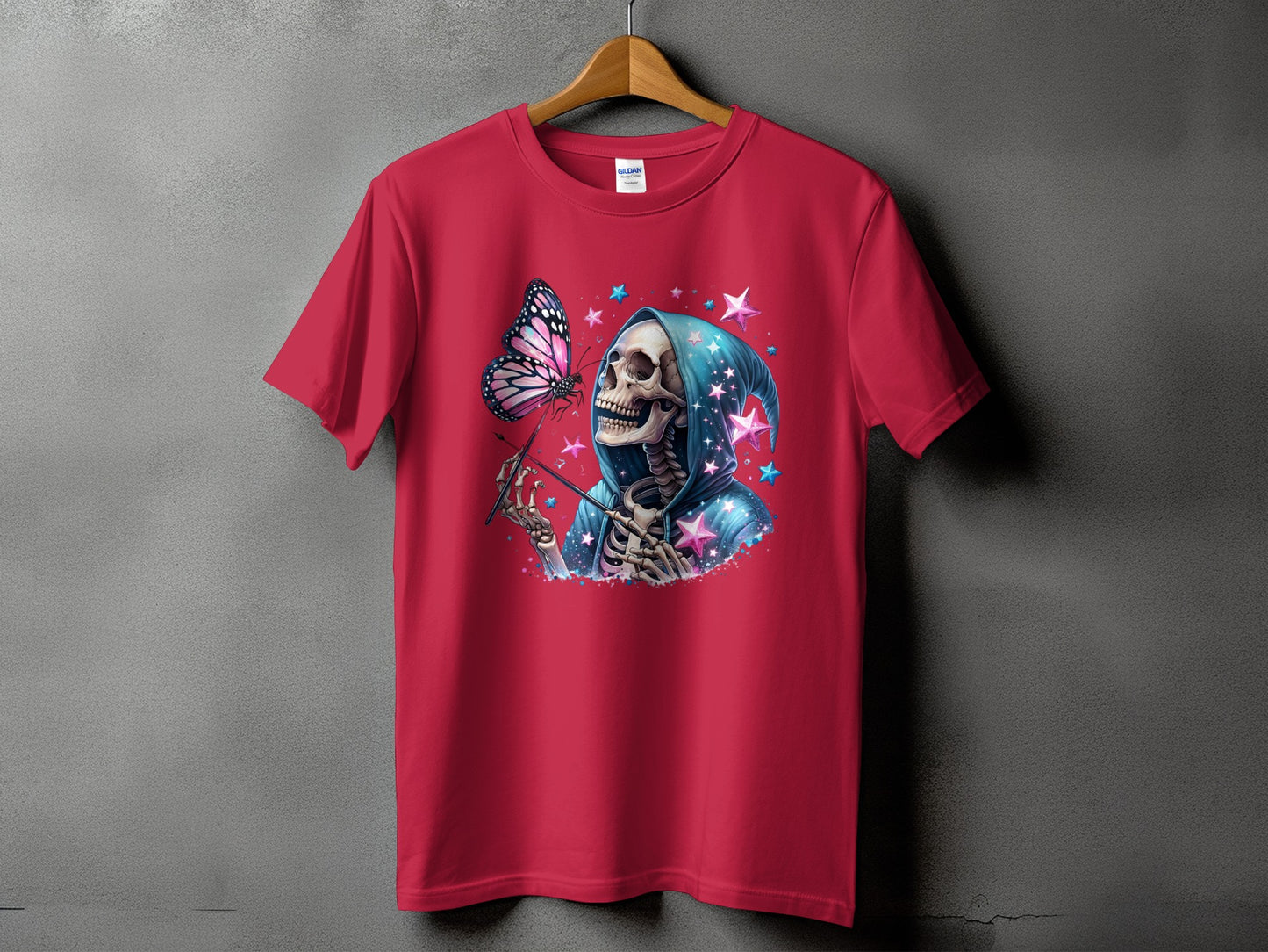 Crimson t-shirt with skeleton in blue hooded robe and pink butterfly graphic.