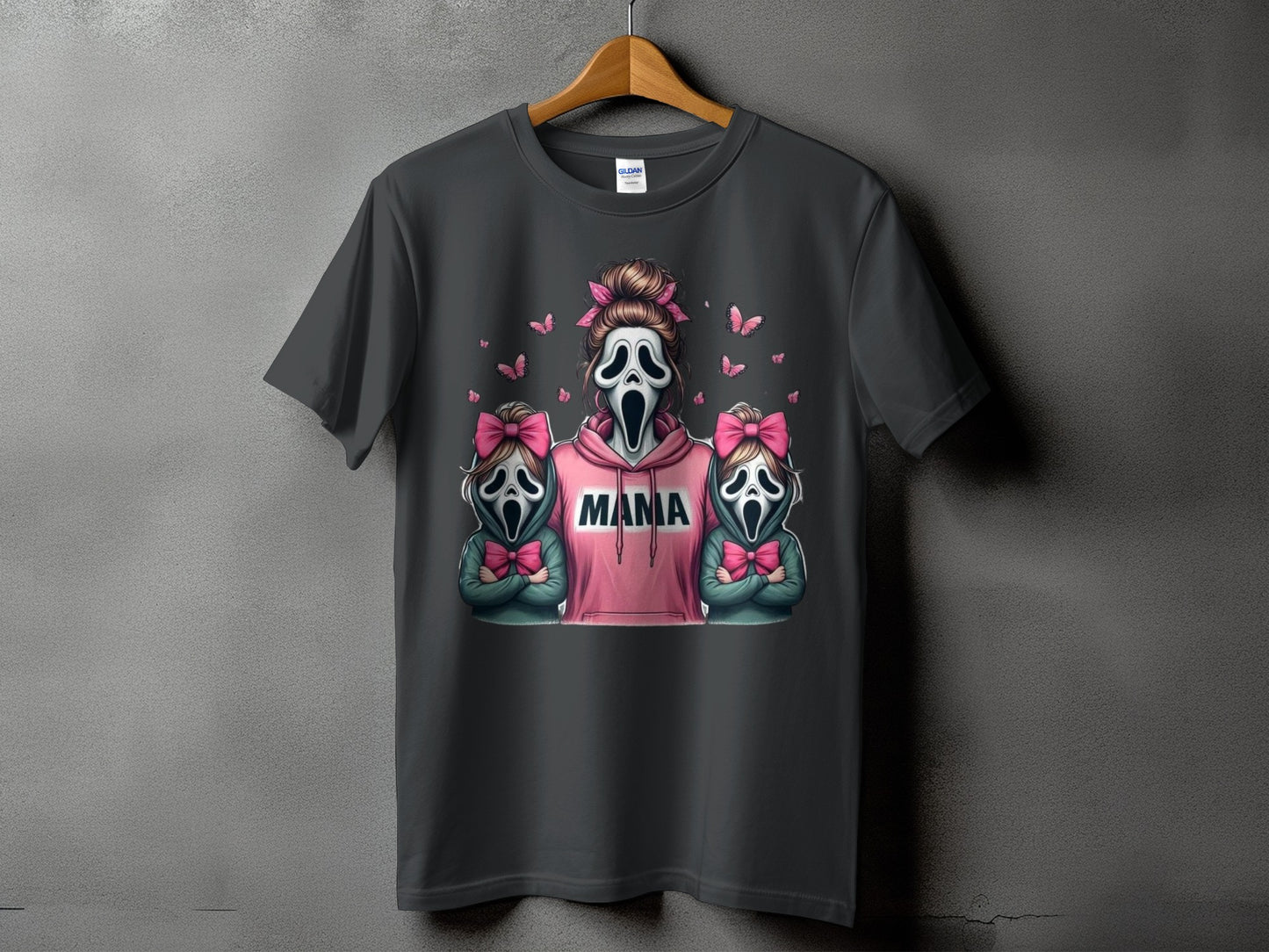 Ghostface mama and children graphic on dark gray t-shirt with pink butterflies.