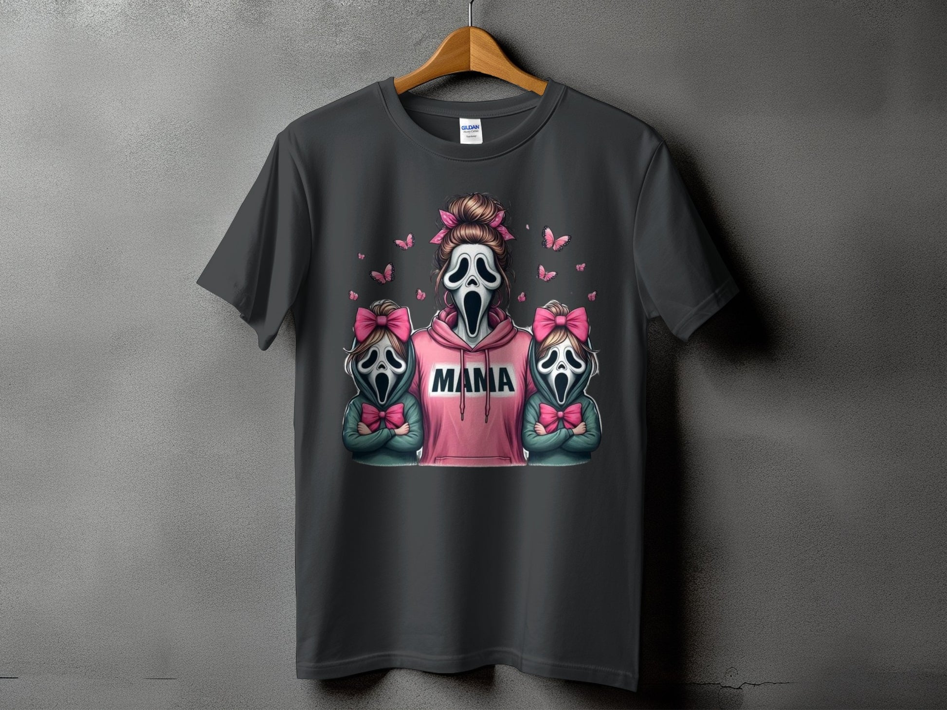 Ghostface mama and children graphic on dark gray t-shirt with pink butterflies.