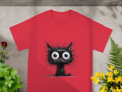 Unique Red T-shirt with Wide-Eyed Black Cat Design