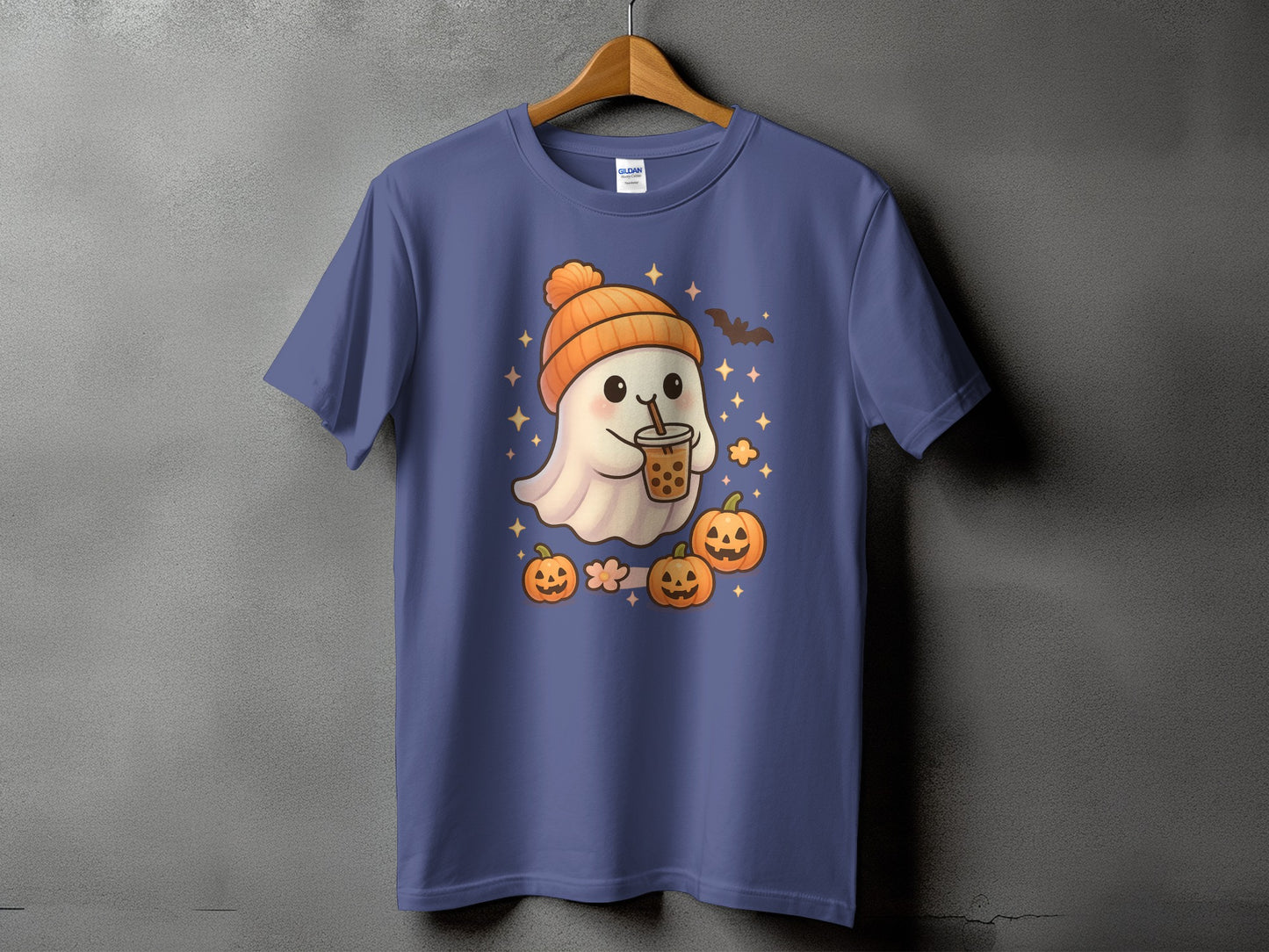 Ghost with bobá tea and pumpkins on a purple t-shirt.