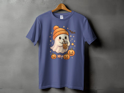 Ghost with bobá tea and pumpkins on a purple t-shirt.