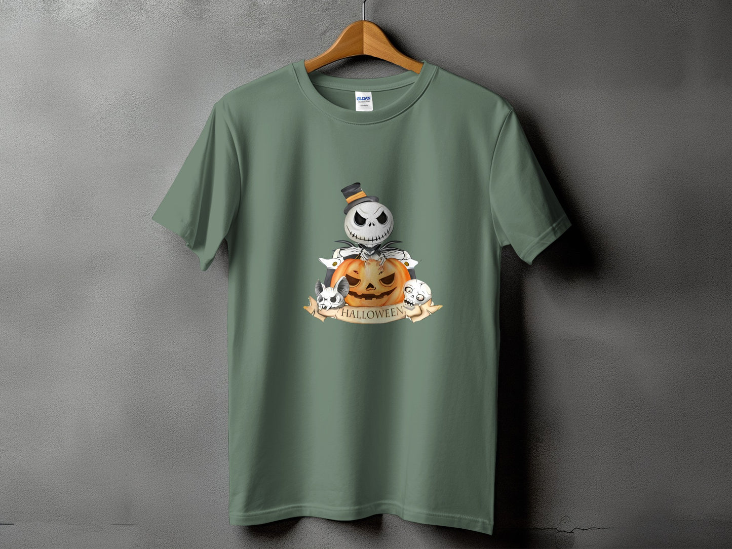 Green t-shirt with Halloween graphic of Jack Skellington, pumpkin, and skulls.