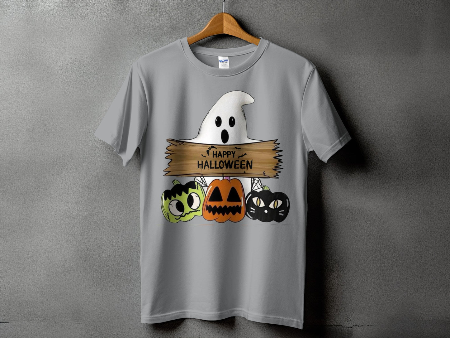 Grey t-shirt with a ghost, banner, pumpkins, and black cat graphic that says "Happy Halloween."
