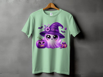 Mint green t-shirt with a Halloween ghost wearing a witch hat and purple pumpkin.