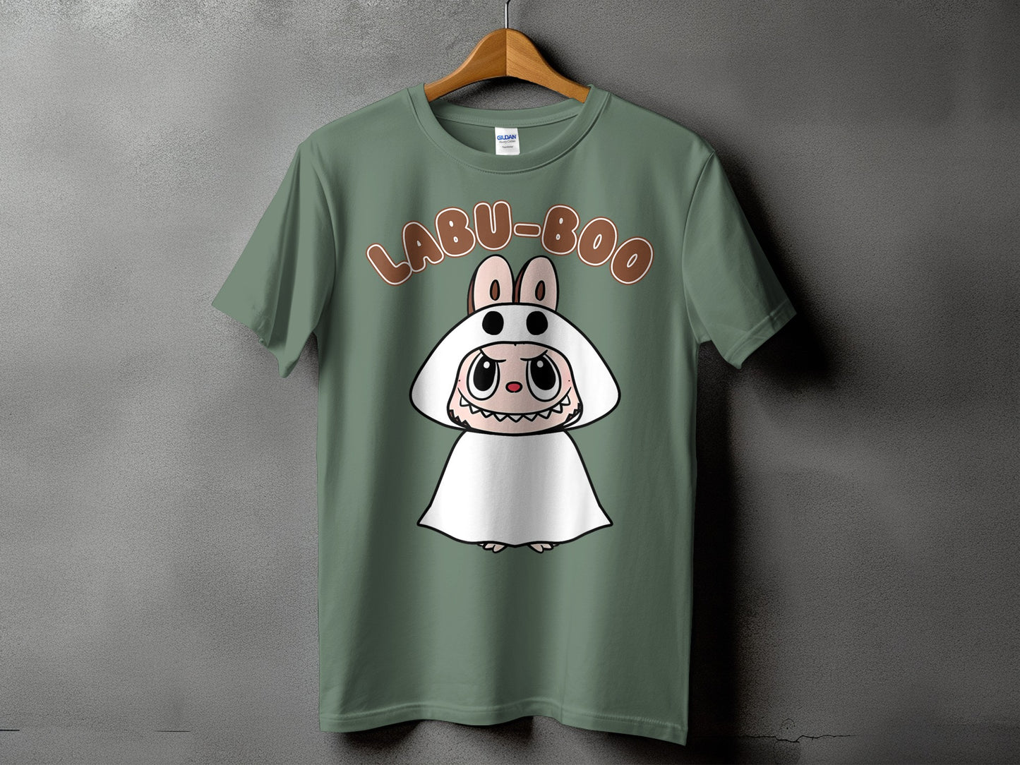 Green t-shirt with "LABU-BOO" text and a cute character in a white ghost costume.