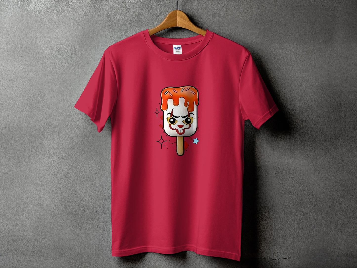 Red t-shirt with a melting ice cream graphic featuring a clown face.