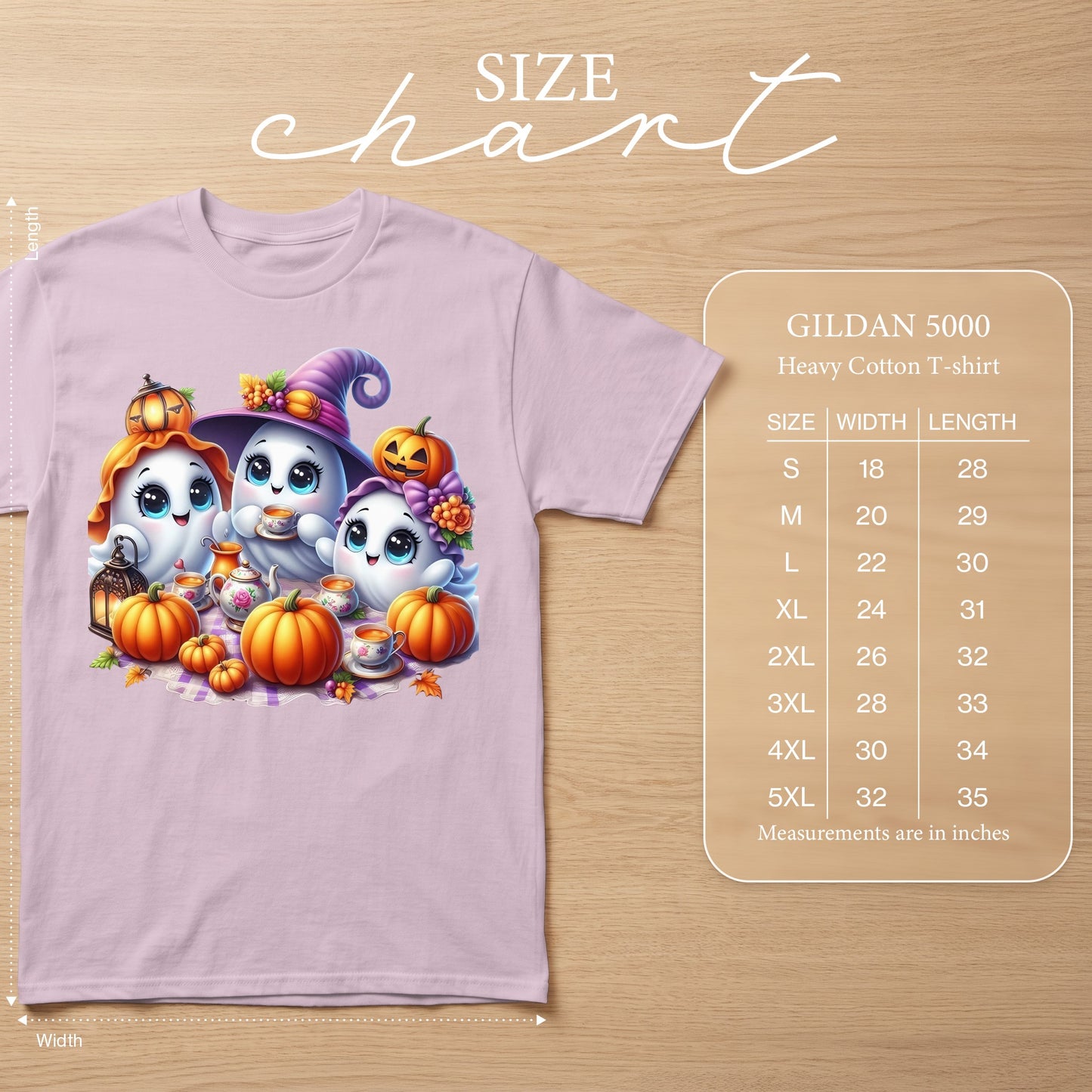 Gildan 5000 Heavy Cotton T-shirt size chart with ghost and pumpkin Halloween graphic.