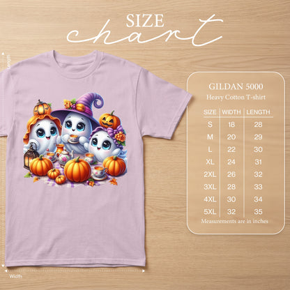 Gildan 5000 Heavy Cotton T-shirt size chart with ghost and pumpkin Halloween graphic.