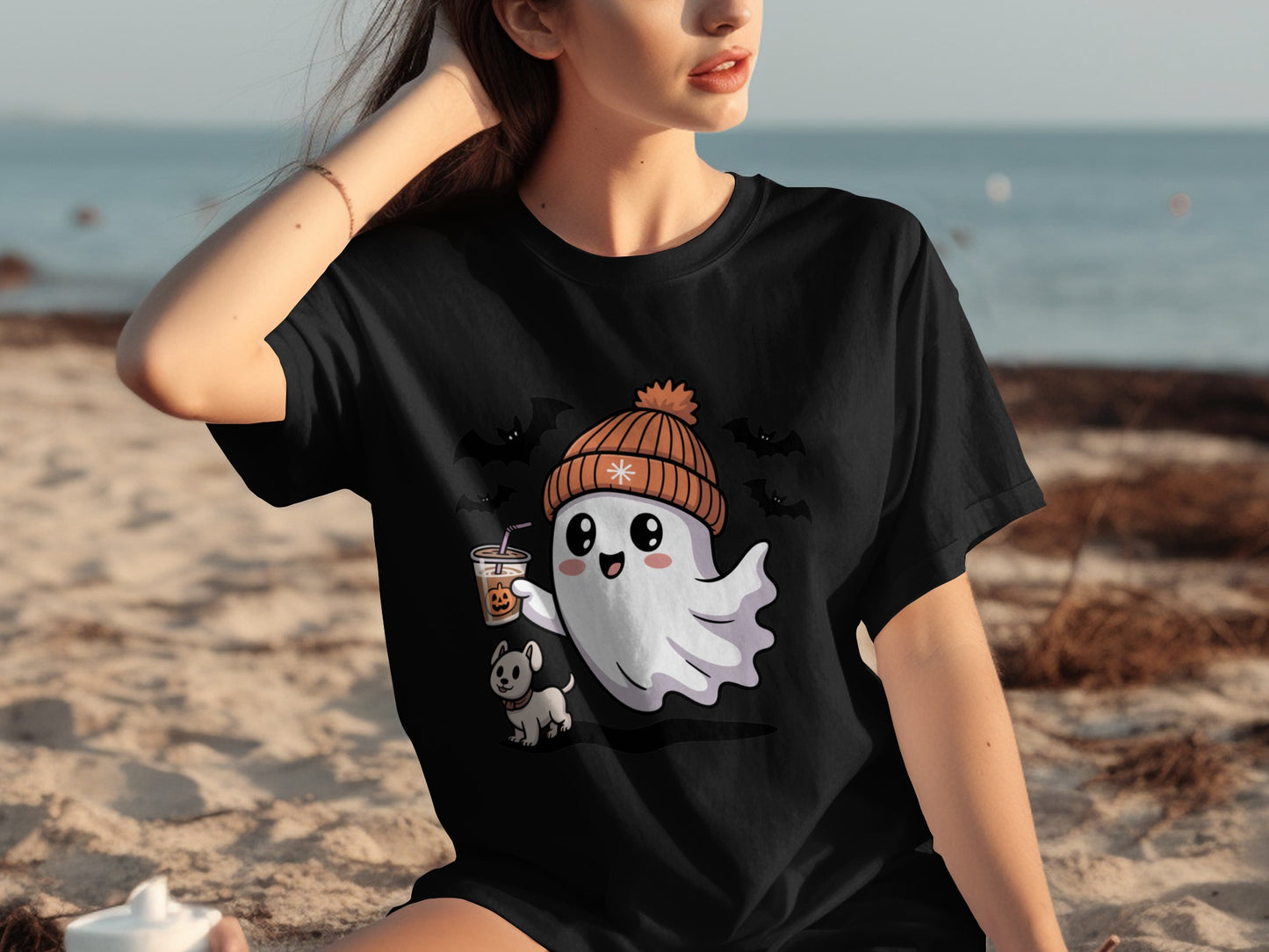 Cute Ghost in Beanie with Puppy Halloween T-shirt