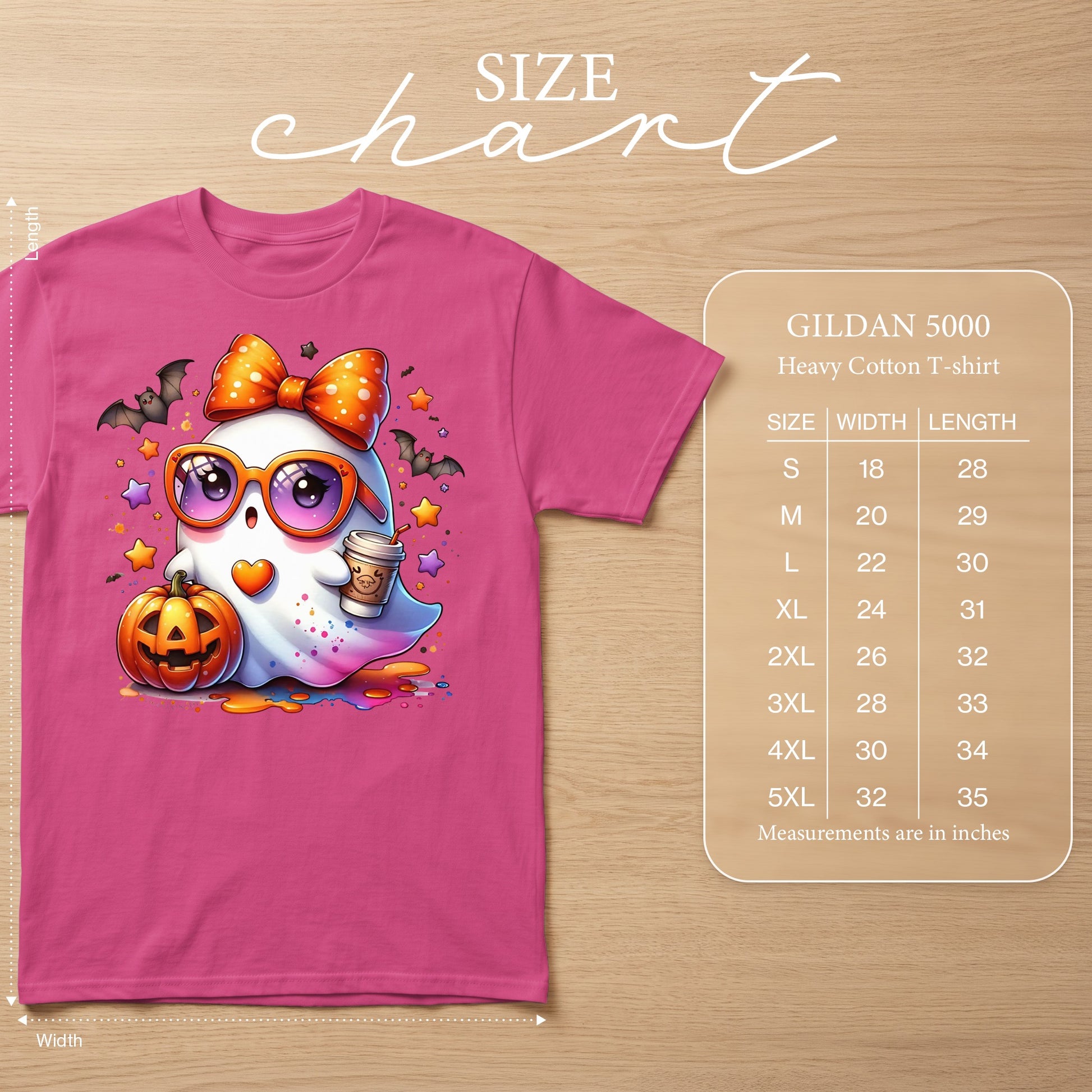 Pink t-shirt with cartoon ghost, pumpkin, and coffee cup; Gildan 5000 size chart.