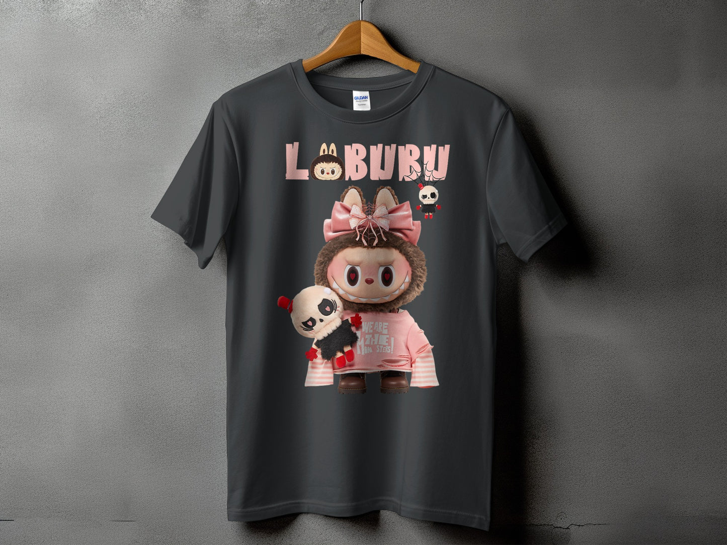 Dark gray t-shirt with "LABURU" text and cartoon characters.