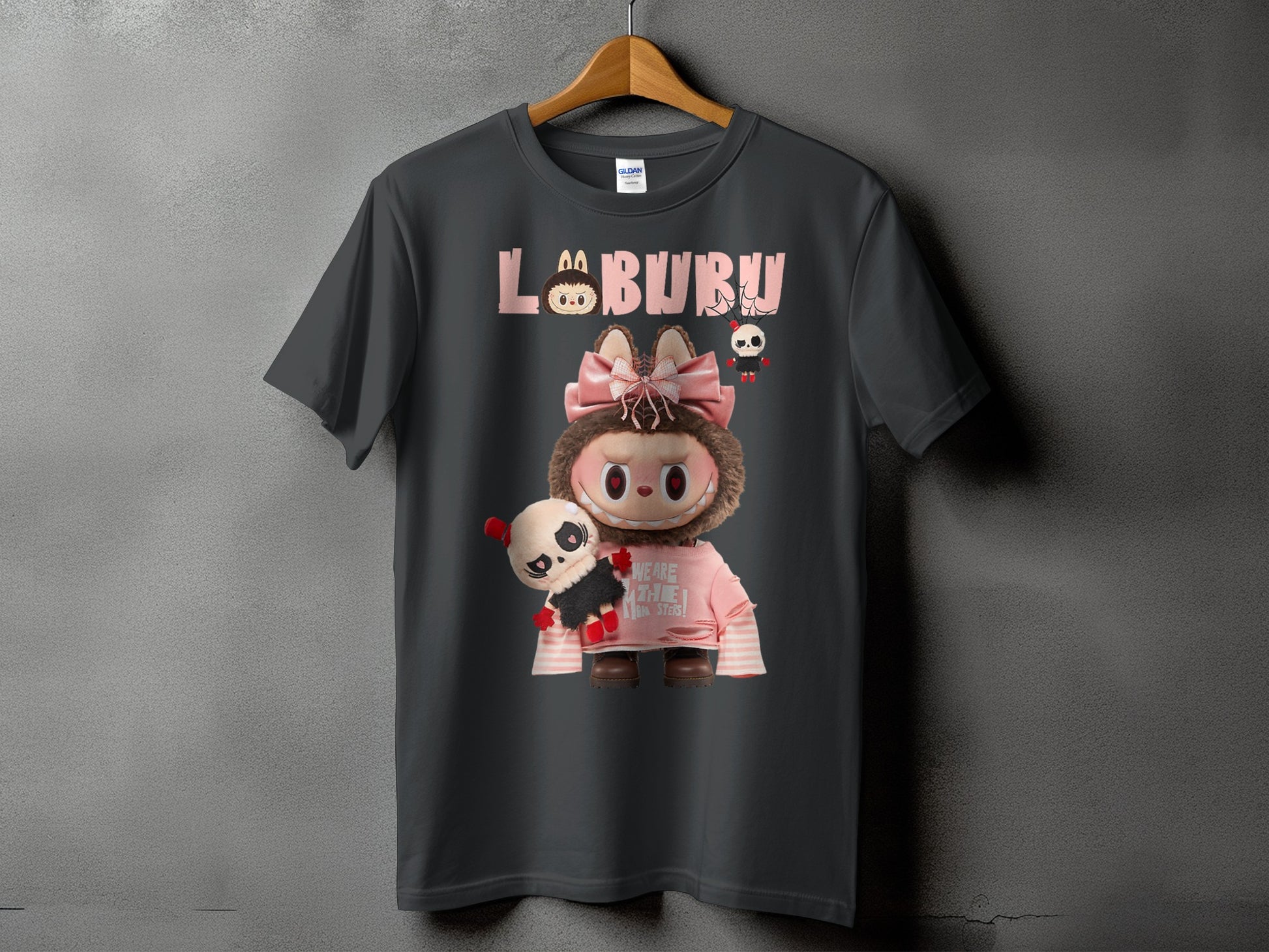 Dark gray t-shirt with "LABURU" text and cartoon characters.