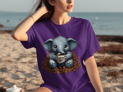 Cute Elephant Drinking Coffee First Graphic T-Shirt