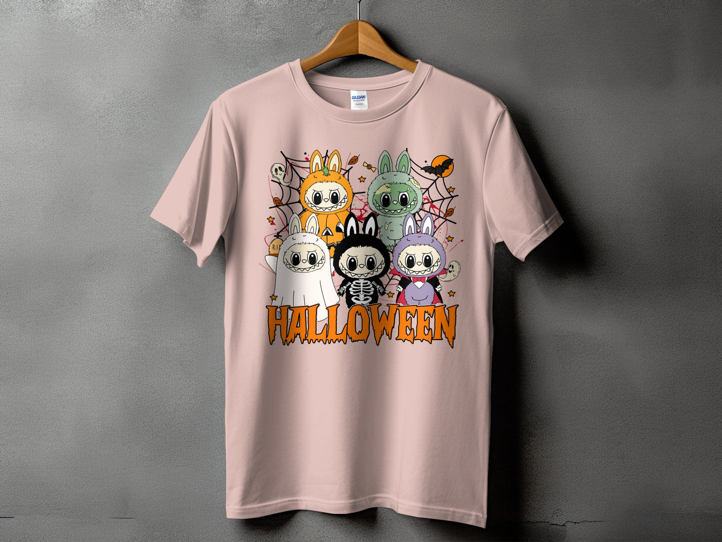 Halloween t-shirt featuring five cute cartoon characters in costume.