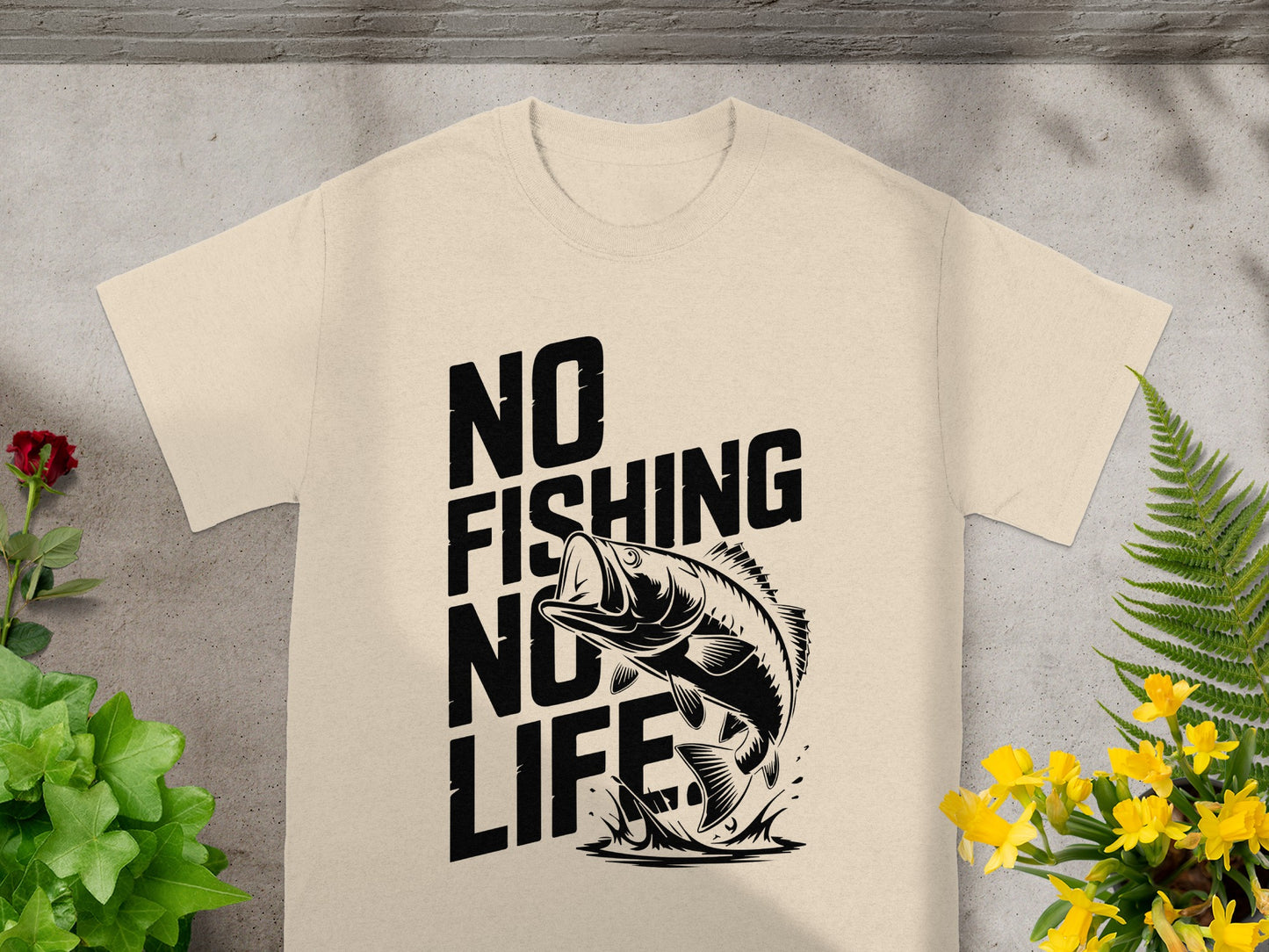 Beige t-shirt with black text "NO FISHING NO LIFE" and a jumping bass.