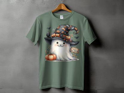 Green t-shirt with a cute ghost in a witch hat, pumpkins, bats, and "Happy Halloween" sign.