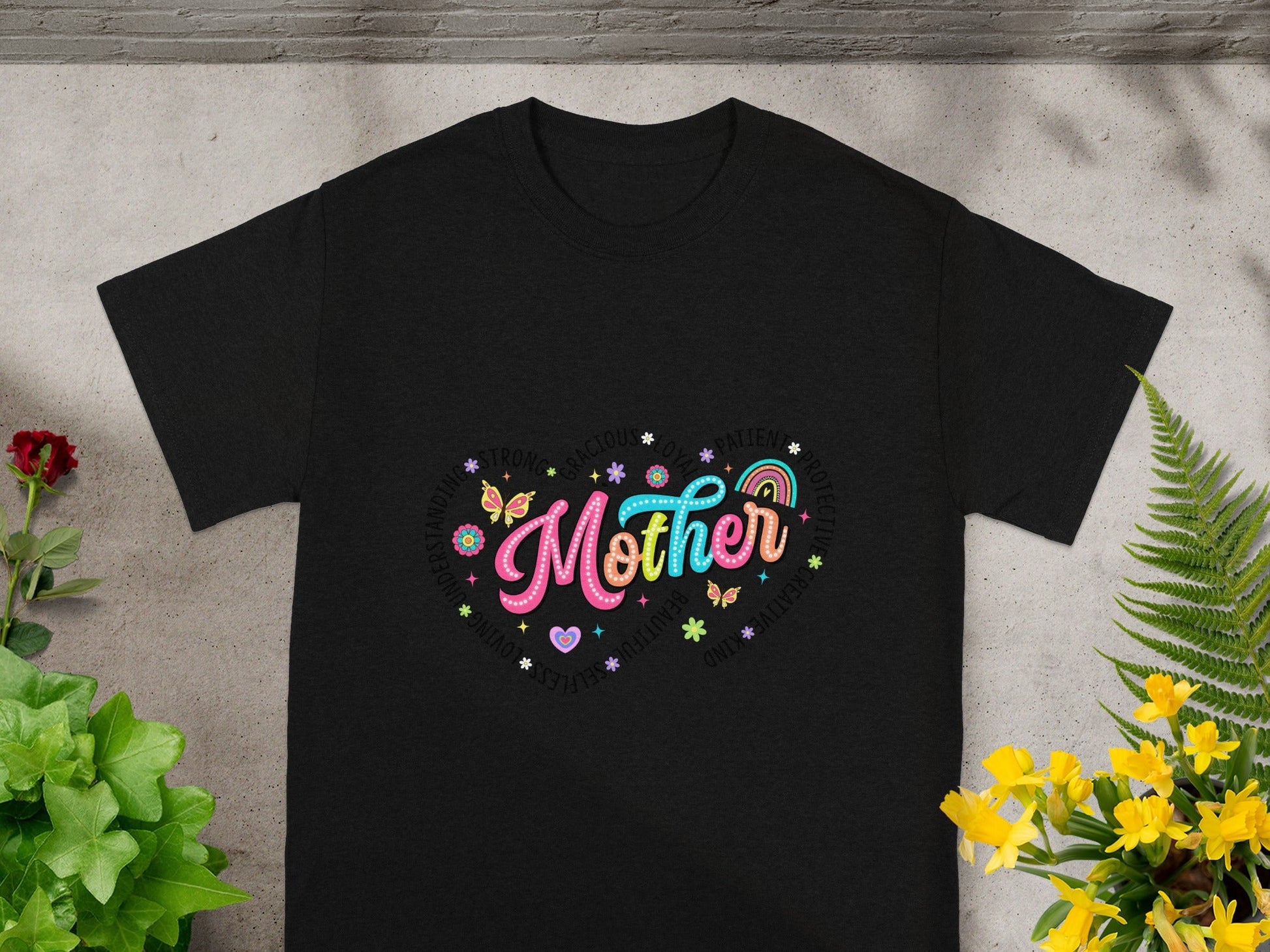 Colorful Mother Design T-shirt with Heart and Butterflies