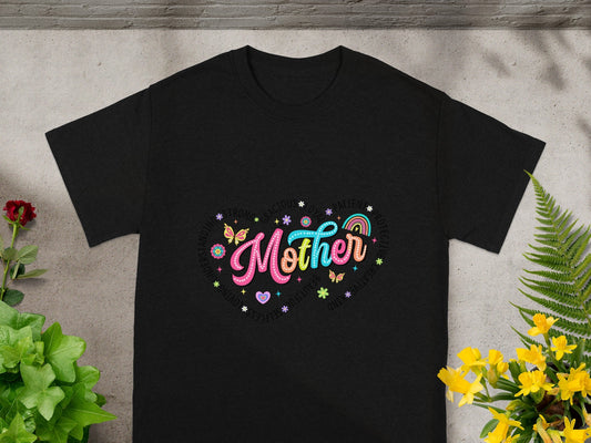 Colorful Mother Design T-shirt with Heart and Butterflies
