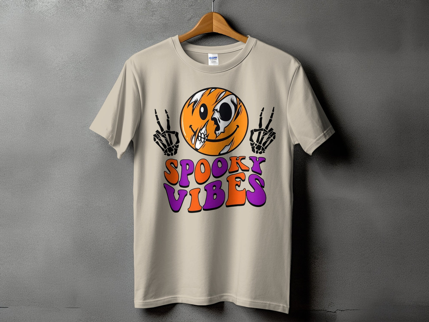 T-shirt with skeleton hands, skull smiley, and "Spooky Vibes" text.