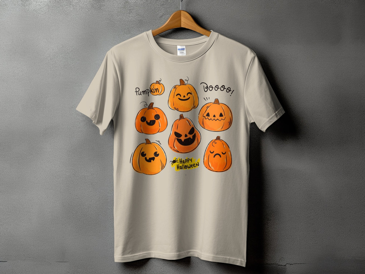 T-shirt with multiple cartoon pumpkins and text reading "Pumpkin" and "Happy Halloween".