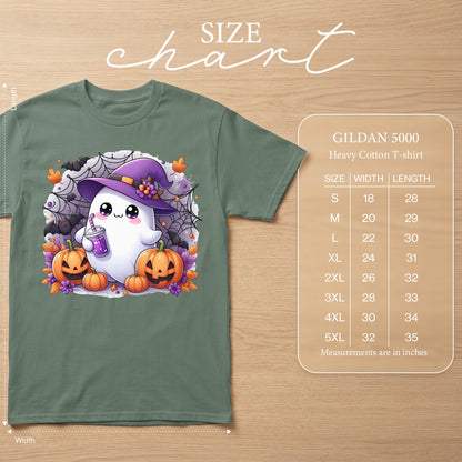 Green Gildan 5000 t-shirt featuring a cute ghost with pumpkins and bats, with a size chart.