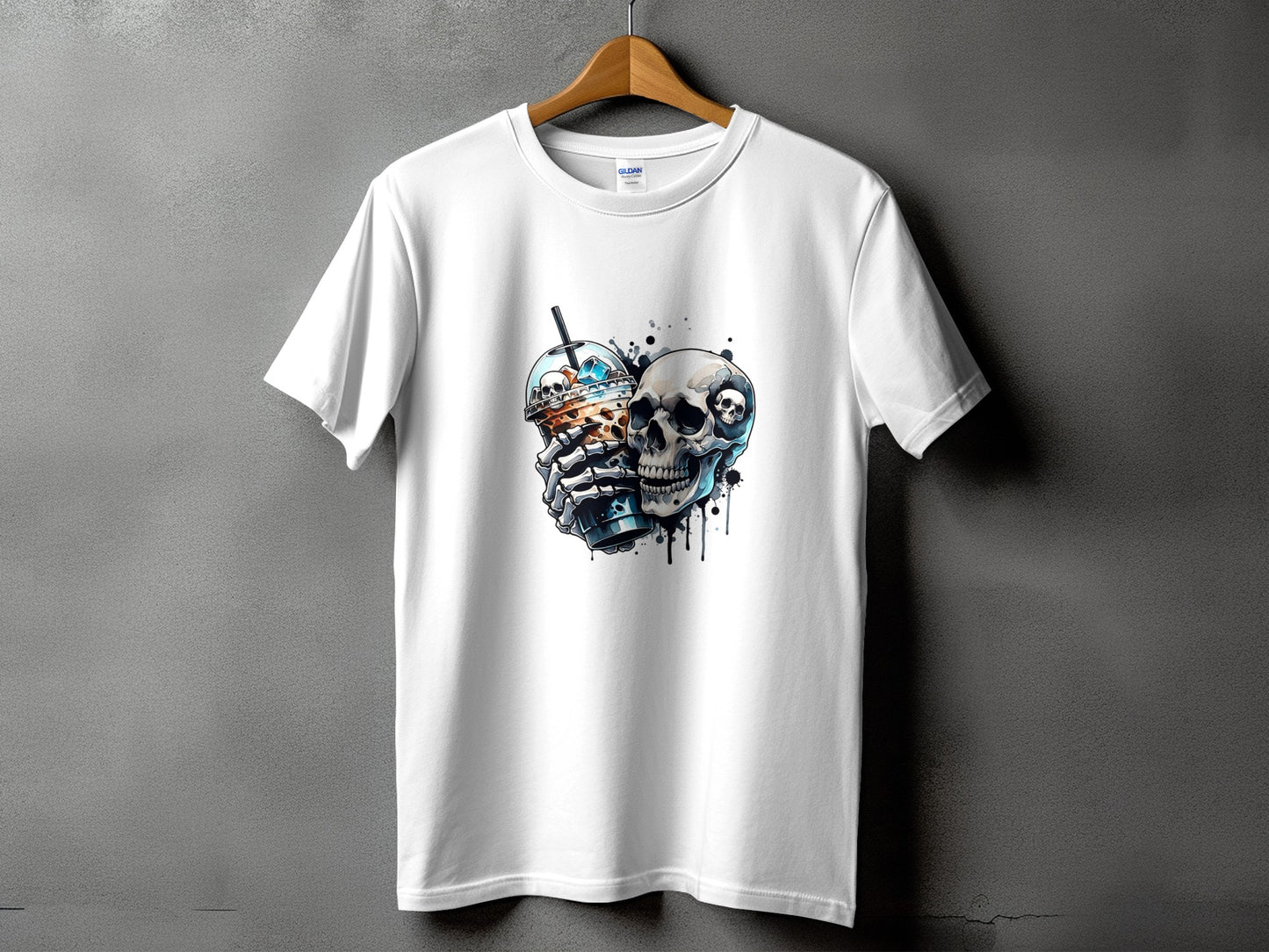 White t-shirt with graphic of skeleton hands holding a skull and a drink.