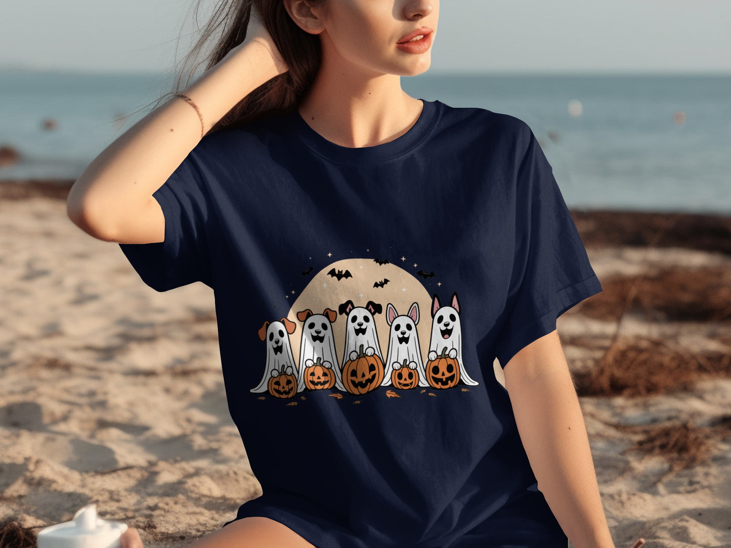 Halloween Ghost Dogs with Pumpkins Moon T-Shirt