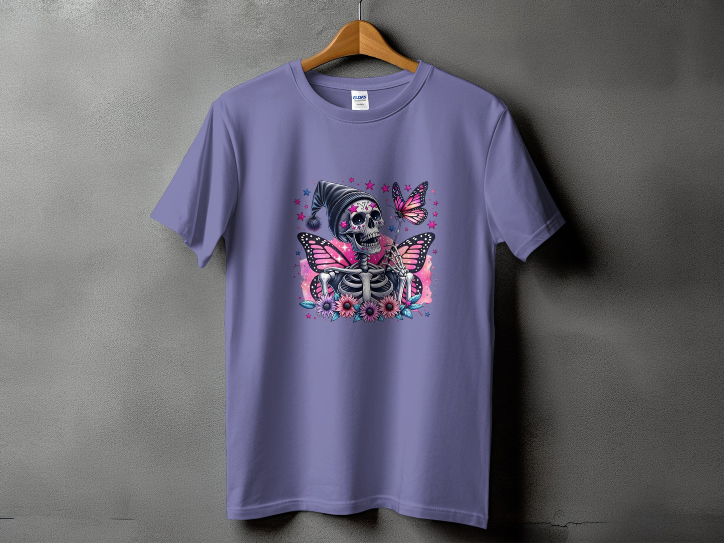 Purple t-shirt with skeleton, butterflies, and flowers graphic design.