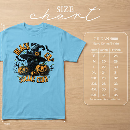 Light blue t-shirt with black cat, pumpkins, and "Black Cat Social Club" text. Includes size chart.