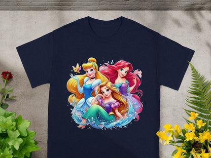 Disney Princesses Ariel, Cinderella, and Rapunzel in colorful artwork on a navy t-shirt.