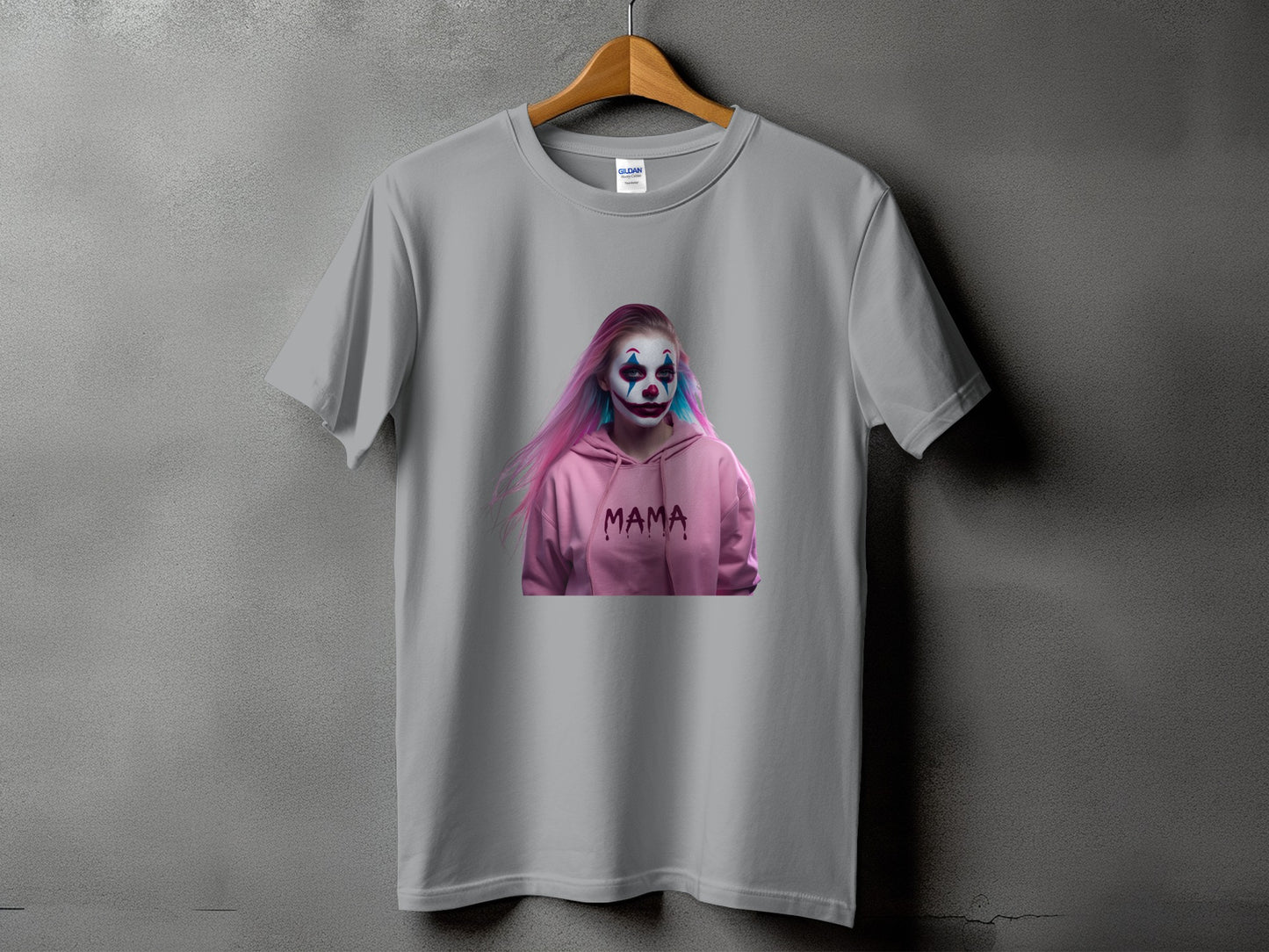 Gray t-shirt featuring a clown graphic with "MAMA" text on a pink hoodie.