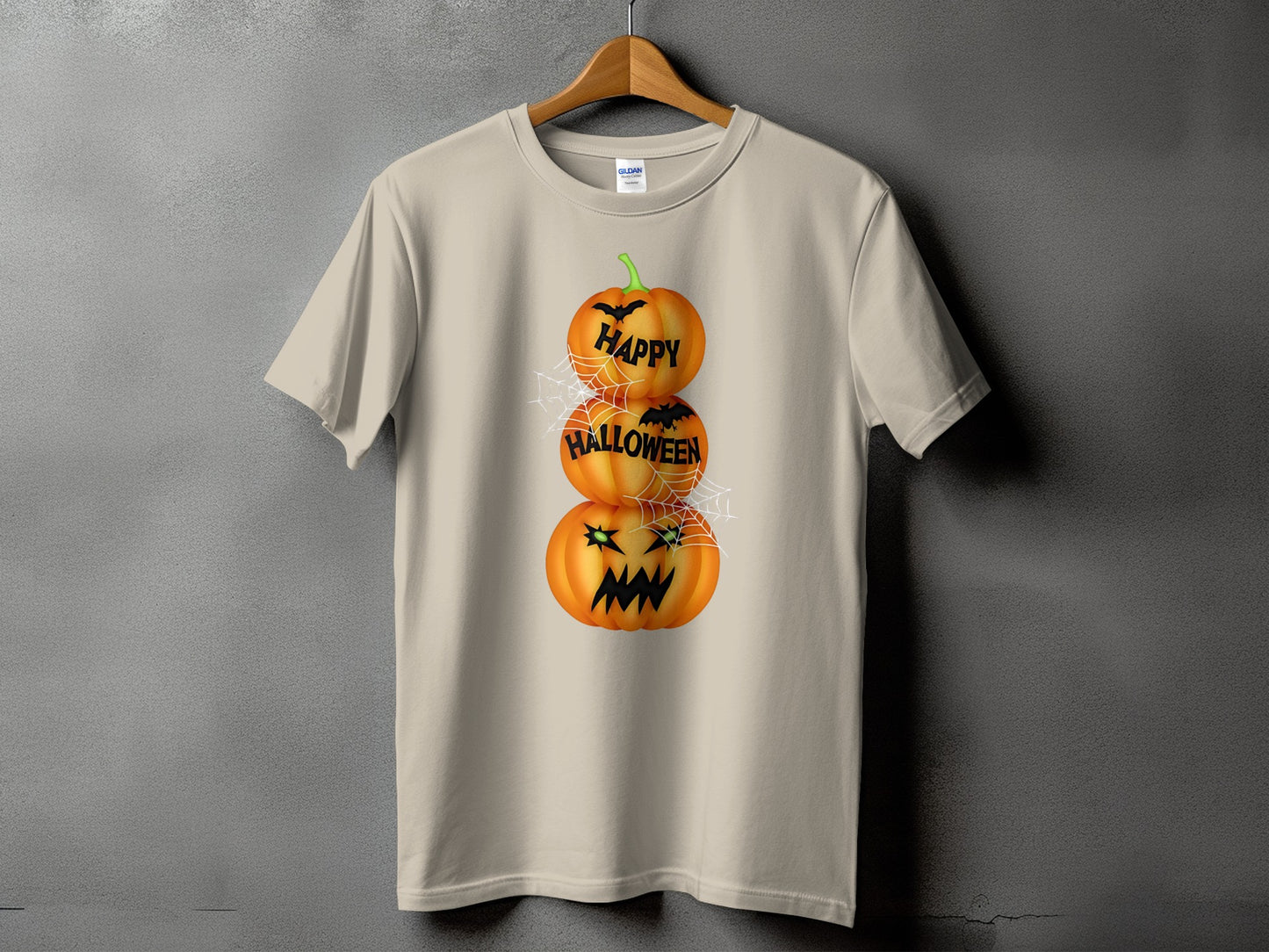 T-shirt with stacked Halloween pumpkins reading "Happy Halloween" and spiders.