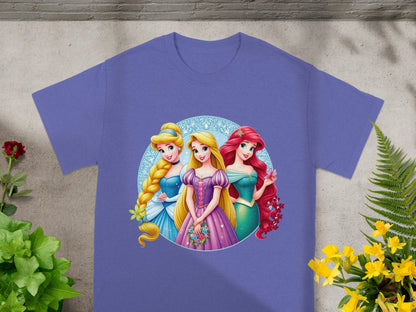 Three Disney princesses: Rapunzel, Cinderella, and Ariel, on a t-shirt.