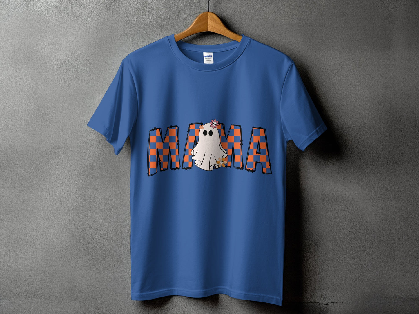Blue t-shirt with "Mama" text featuring a ghost and floral accents.