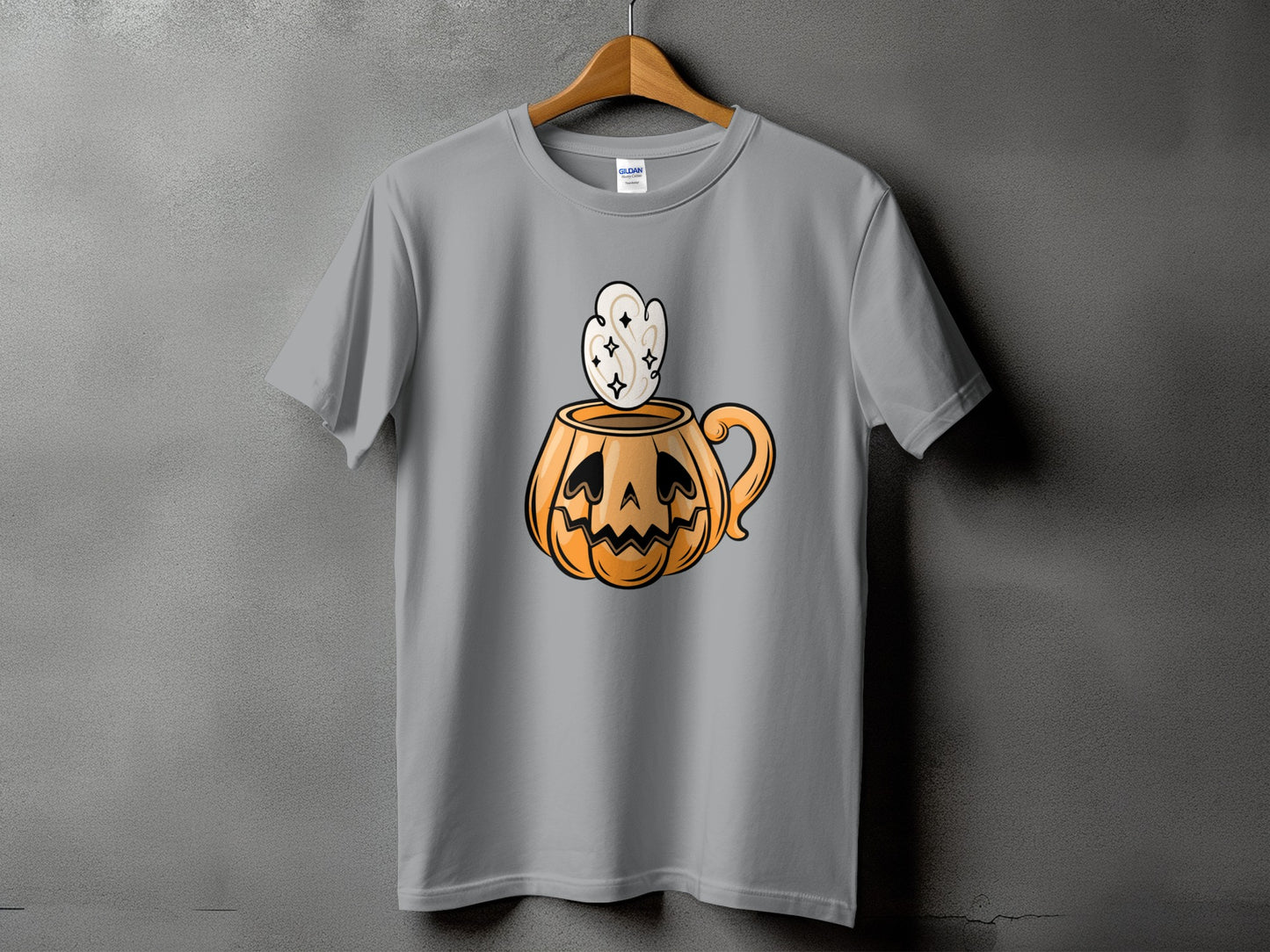 Gray t-shirt with jack-o'-lantern mug graphic and swirling steam.