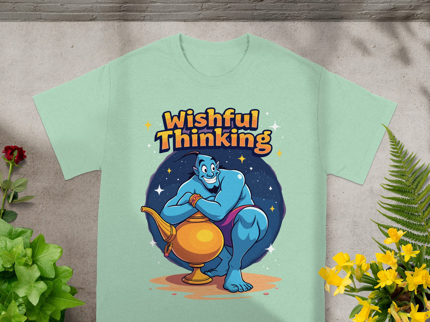 Genie emerging from lamp with "Wishful Thinking" text.