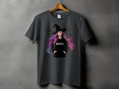Dark gray t-shirt featuring a witch with colorful hair and the word "MAMA".