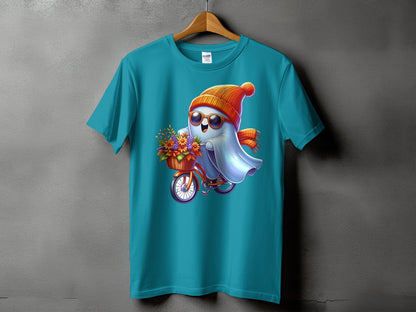 Teal t-shirt with graphic of a cartoon ghost riding a bicycle with flowers.