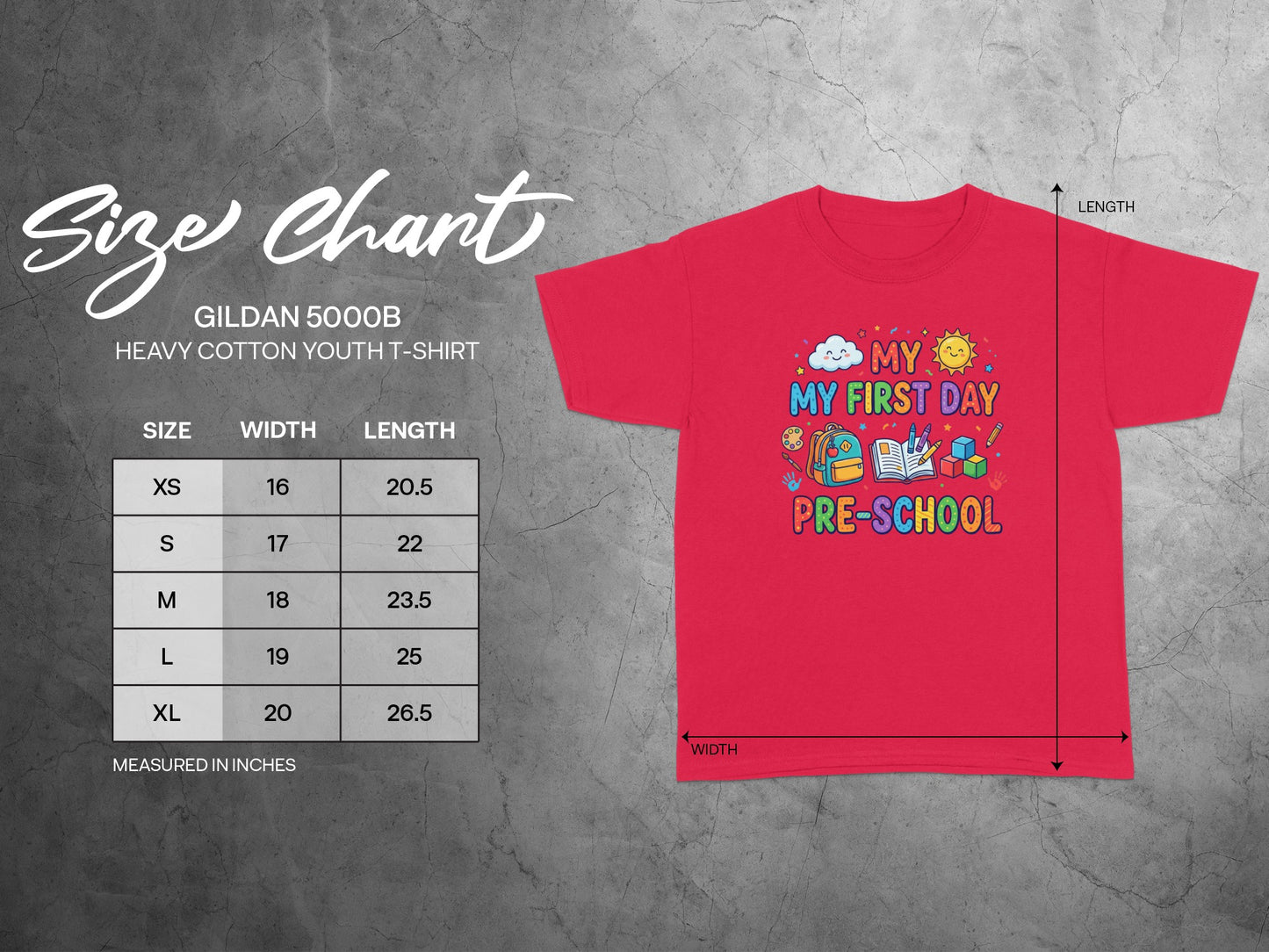 Red youth t-shirt with "My First Day Pre-School" graphic and size chart.