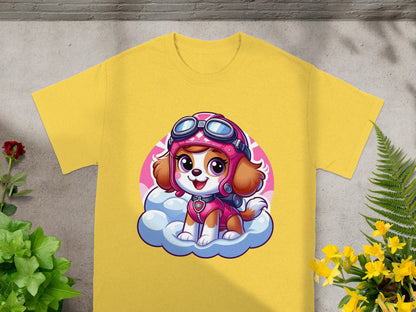 Yellow t-shirt featuring cartoon Skye from Paw Patrol on a pink cloud.