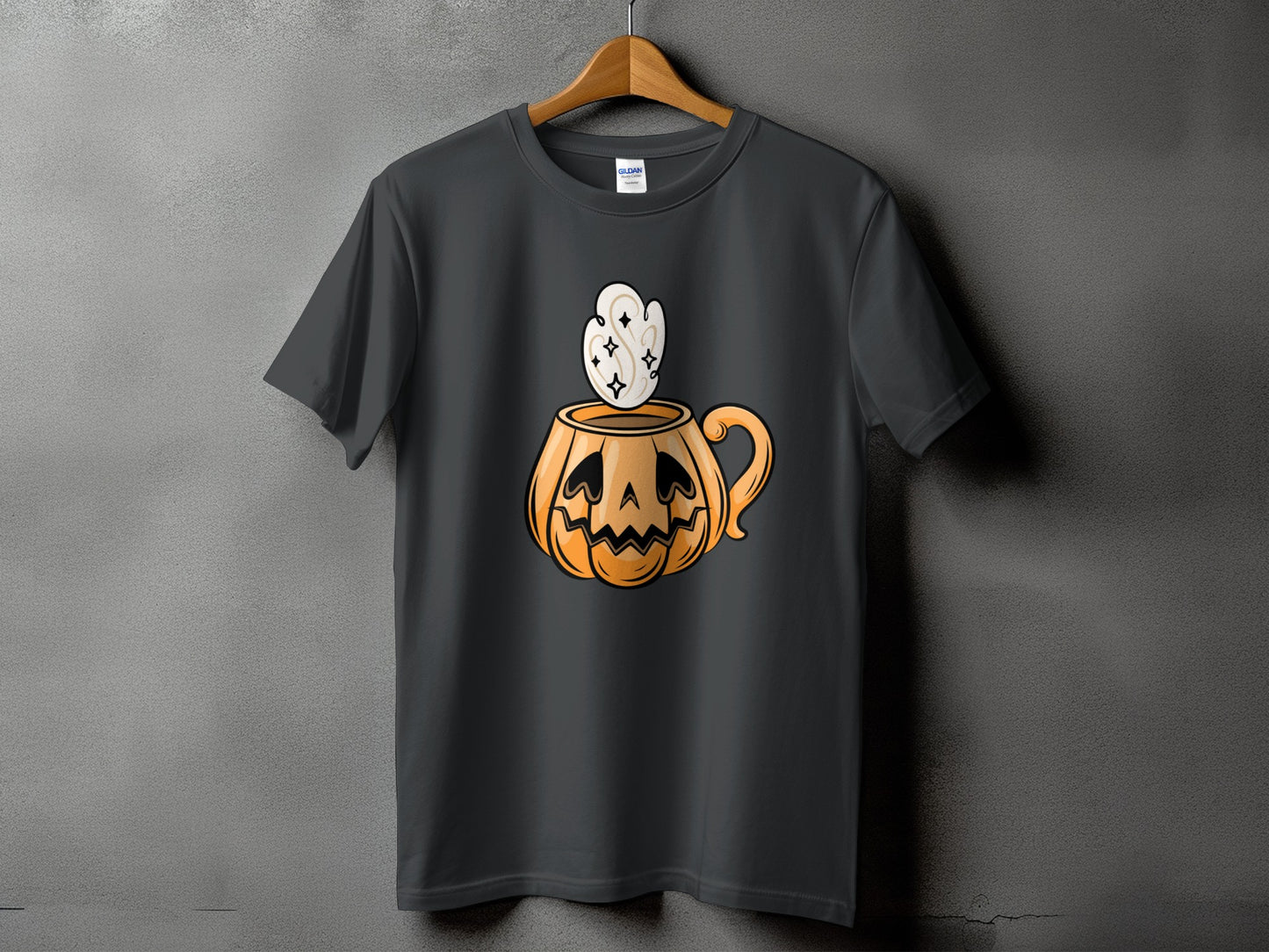 Dark grey t-shirt with jack-o-lantern mug and steam graphic.
