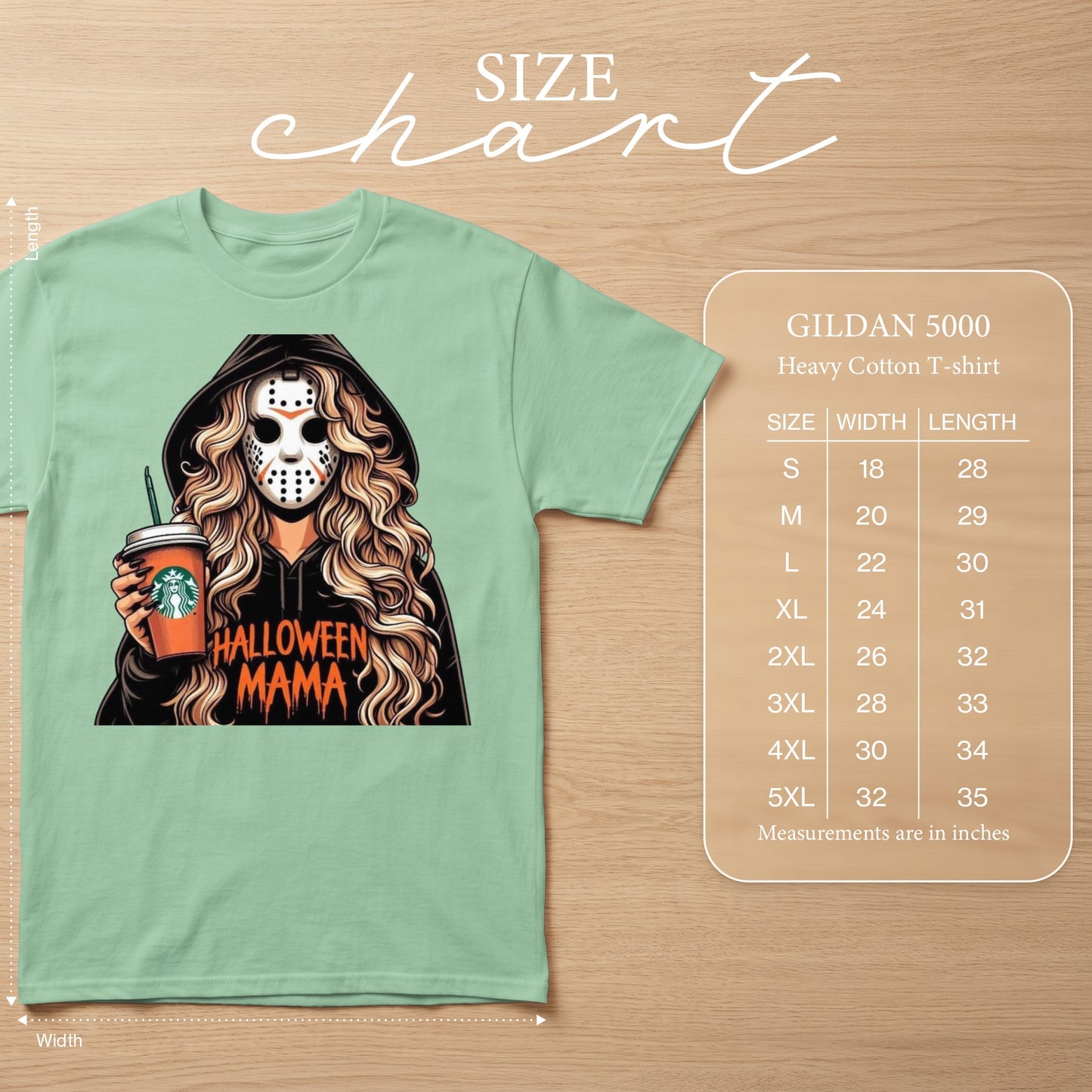 T-shirt with Halloween Mama graphic and size chart.