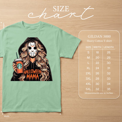 T-shirt with Halloween Mama graphic and size chart.