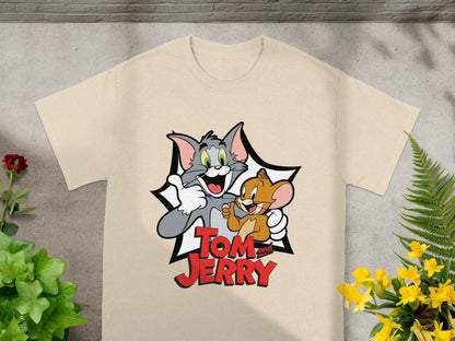 Tom and Jerry characters giving thumbs up on a cream t-shirt.