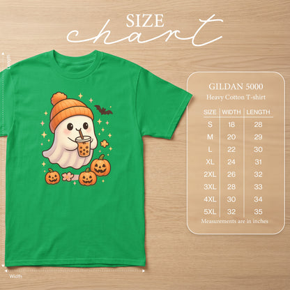 Green t-shirt with a cute ghost, pumpkins, and boba tea graphic. Includes size chart.