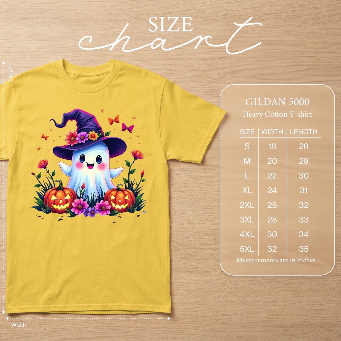 Yellow Gildan 5000 t-shirt with cute ghost and pumpkins graphic.