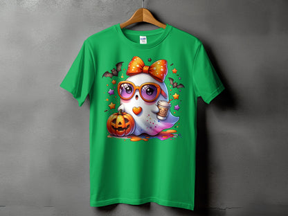 Green t-shirt with a cute ghost wearing glasses, holding coffee, and next to a pumpkin.